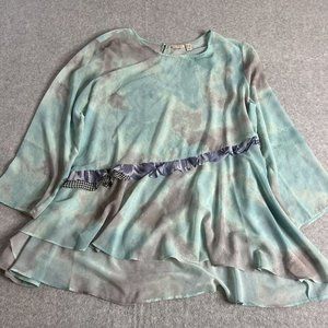 LOGO Lori Goldstein Top Shirt Womens Size 1X Aqua Watercolor 3/4 Sleeves